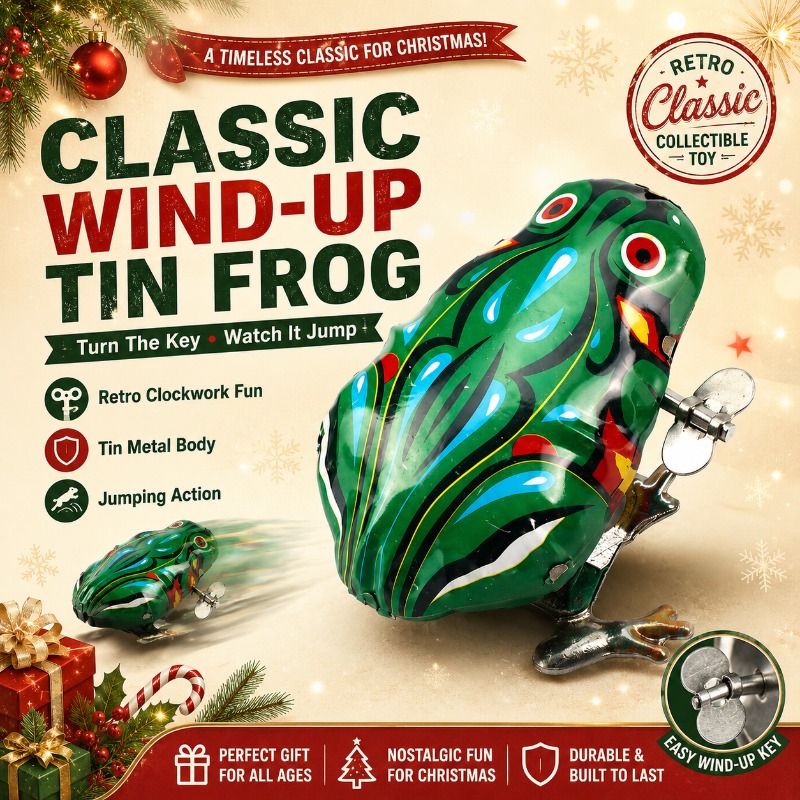 Vintage Collectible Toys - Vintage Wind‑Up Tin Jumping Frog Clockwork