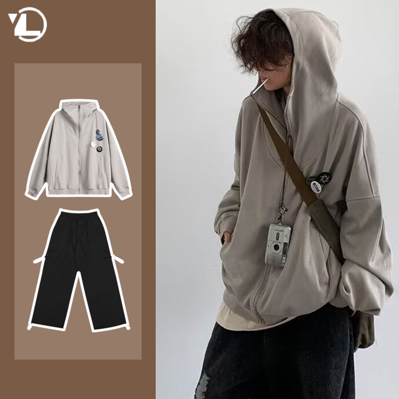 Vintage Zip Hoodie - Autumn College Casual Set Men Japanese