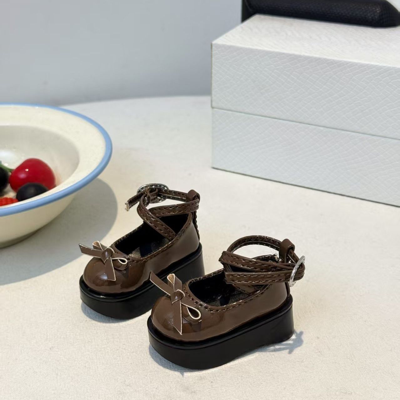 Vintage Collectible Dolls - Coffee Brown Bow Platform Doll Shoes,