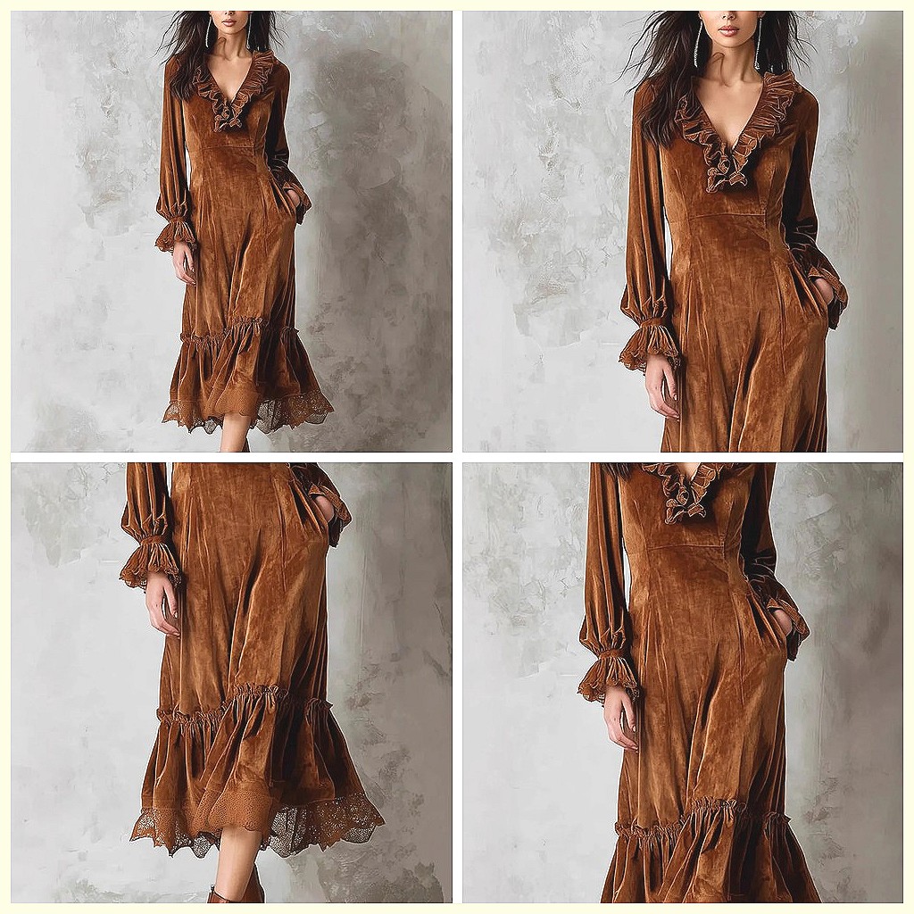 Vintage Necklace - Vintage Velvet Maxi Dress V-Neck Ruffled