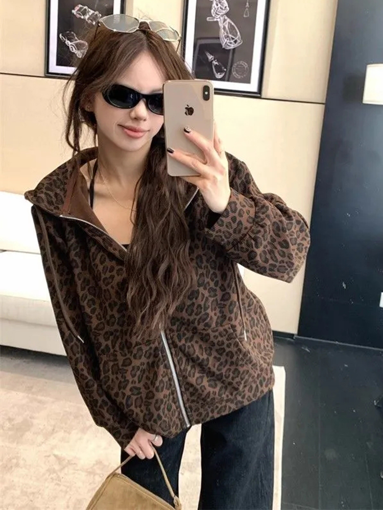 Women Y2K Leopard Hoodies Stre - огляд і ціна Vintage Zip Hoodie