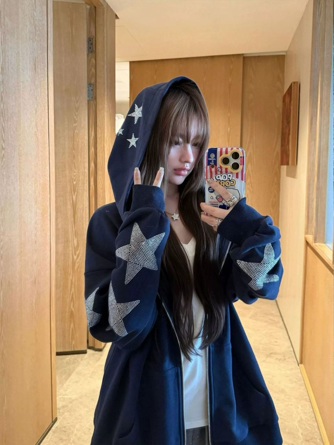 Korean Vintage Navy Blue Star  - огляд і ціна Vintage Zip Hoodie